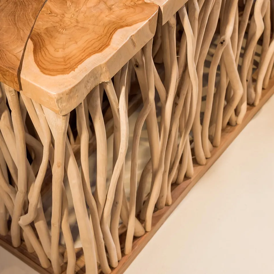 Console Table with Solid Natural Teak Top and Stems - Rodin Viadurini