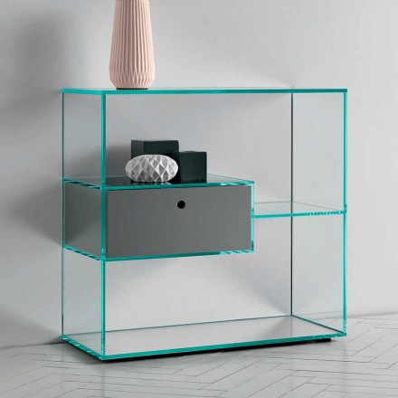 Wall Entrance Console in Extra-clear Glass with Lacquered Drawer - Linzy Viadurini