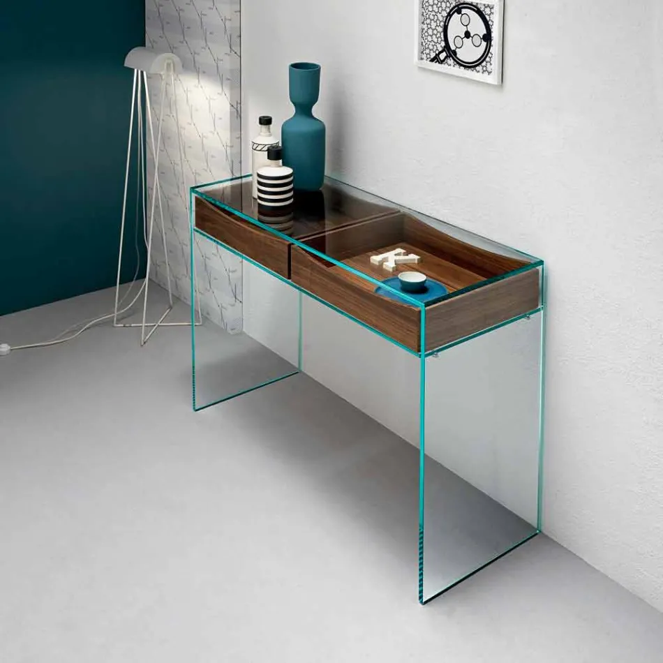Entrance Console in Extra-clear Glass with 2 Canaletto Walnut Drawers - Selex Viadurini
