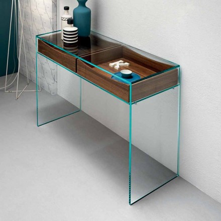 Entrance Console in Extra-clear Glass with 2 Canaletto Walnut Drawers - Selex Viadurini