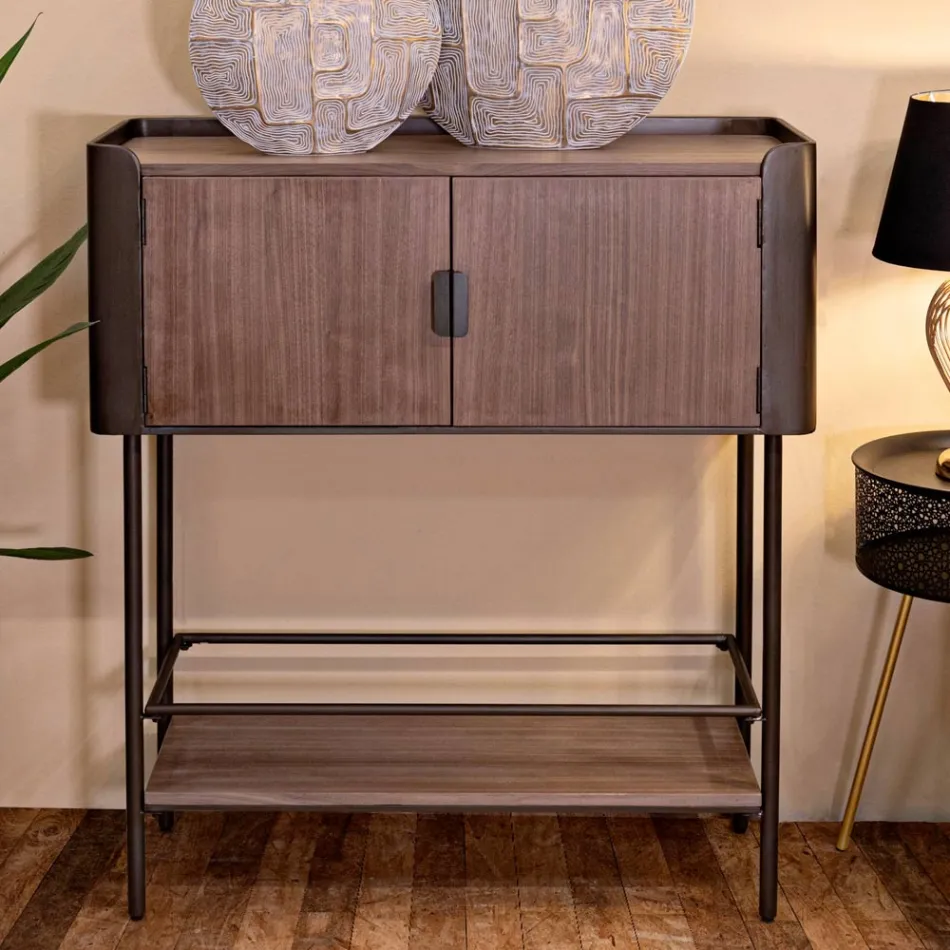 Living Room Console in Fir Wood and Gray Iron with 2 Doors - Cooper Viadurini