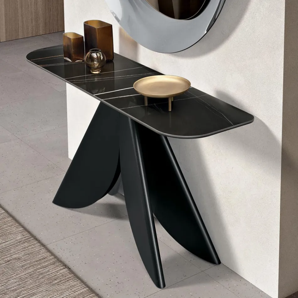 Cristina Metal Console Table with Marble-Effect Ceramic Top for the Living Room Viadurini