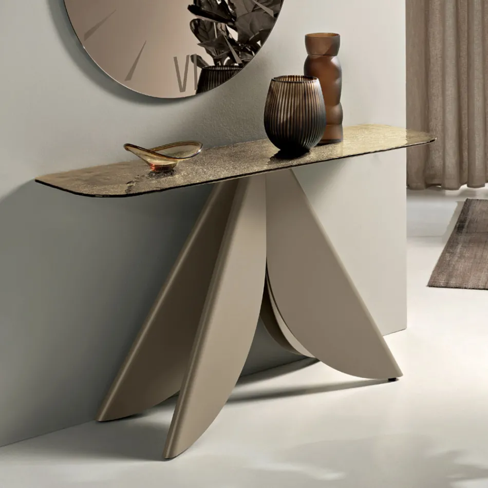 Living Room Console Table in Metal with Back-Silvered Hammered Glass Top - Cristina Viadurini