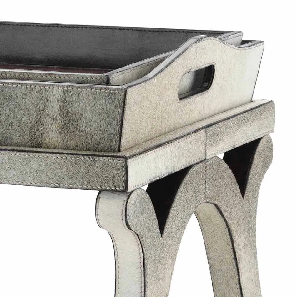 Modern design console with tray in Felicia gray pony leather Viadurini
