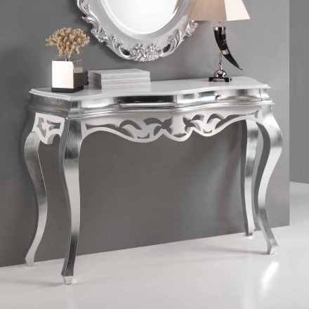 Classic style wooden console table, silver and white Creti finish Viadurini