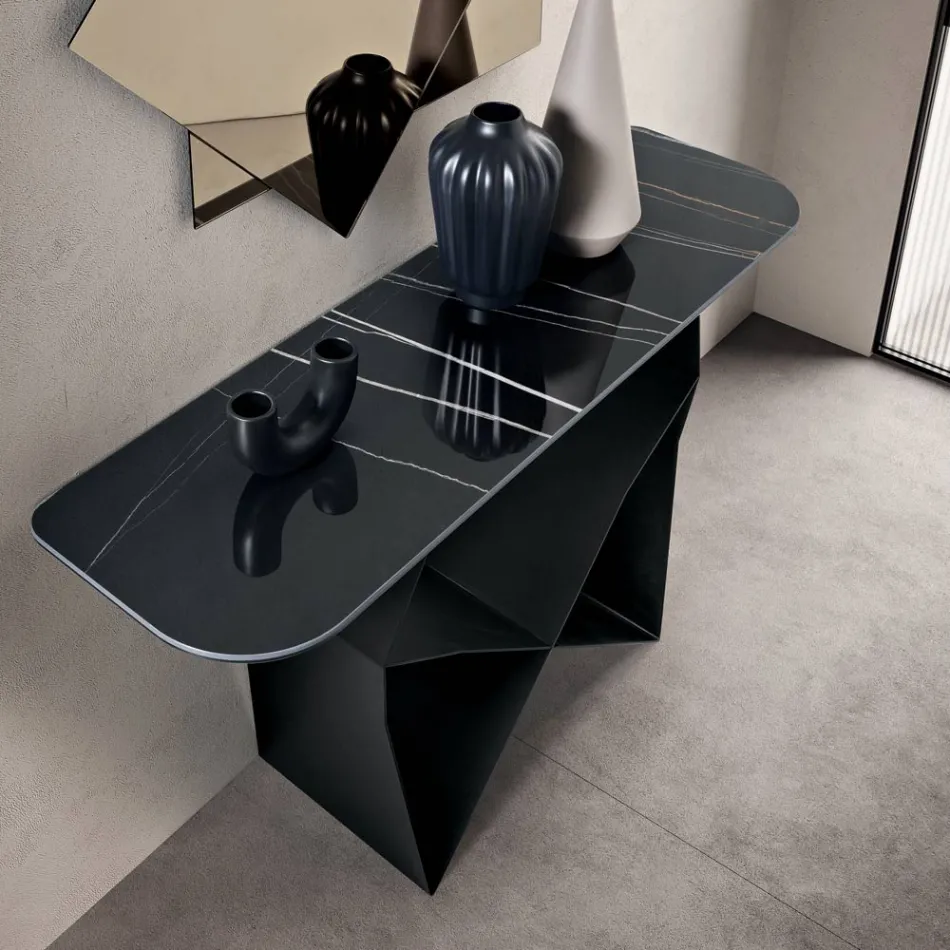 Concordia Metal Console Table with Marble-Effect Ceramic Top Made in Italy Viadurini
