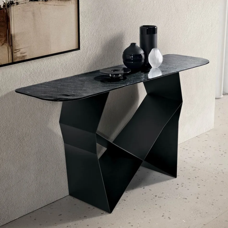 Console Table in Metal and Hammered Glass Top with Back-Silver Finish - Concordia Viadurini