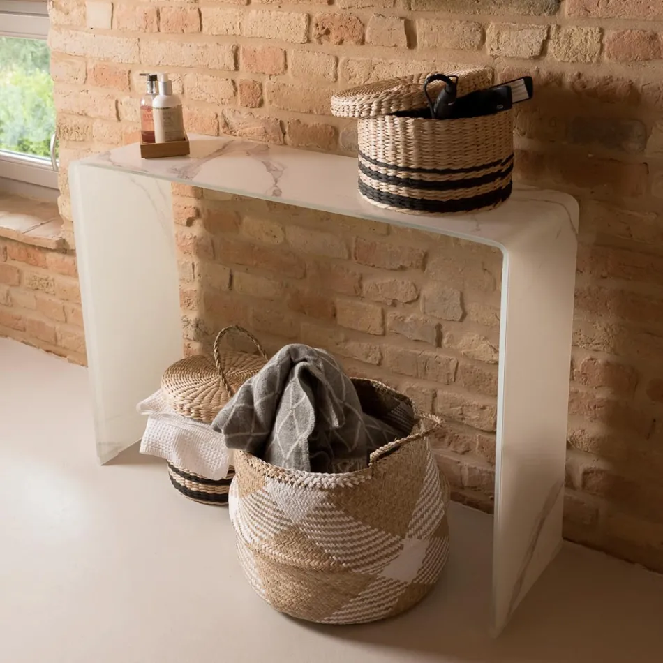 10mm Tempered Curved Glass Console Table with Marble Effect - Agordo Viadurini