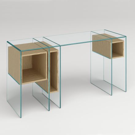 Console Desk in Extra-clear Glass and Wood Made in Italy - Damiano Viadurini