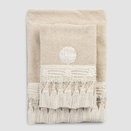 Pair of face and guest towels in cotton terry with lace tassels - Arafico Viadurini