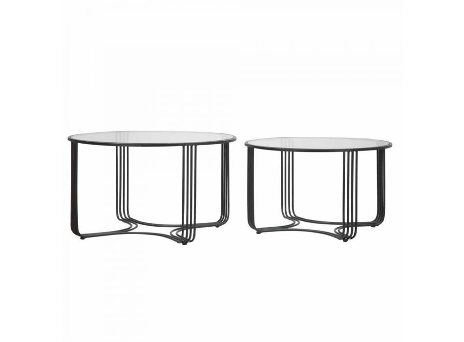 Pair of 2 Low Design Round Coffee Tables in Iron and Glass