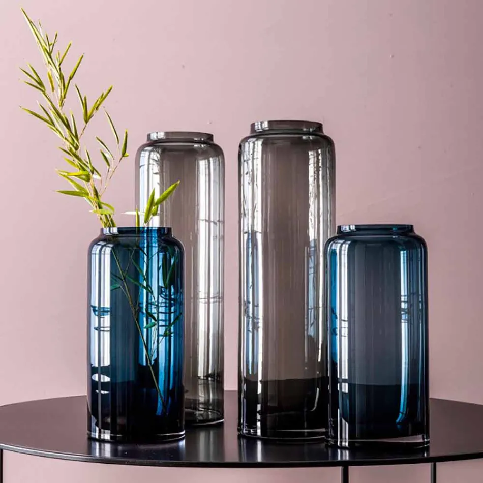 Pair of Decorative Vases in Blue and Smoked Colored Glass, Modern Design - Adriano Viadurini