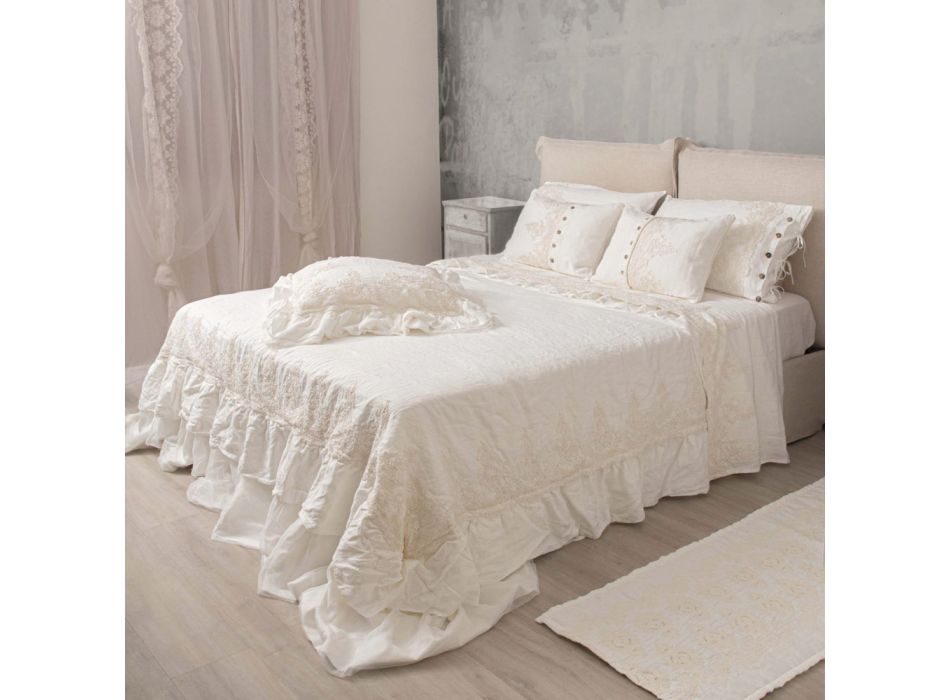 Double Bedspread in Linen with Lace on the Flounced Edges - Paucis Viadurini