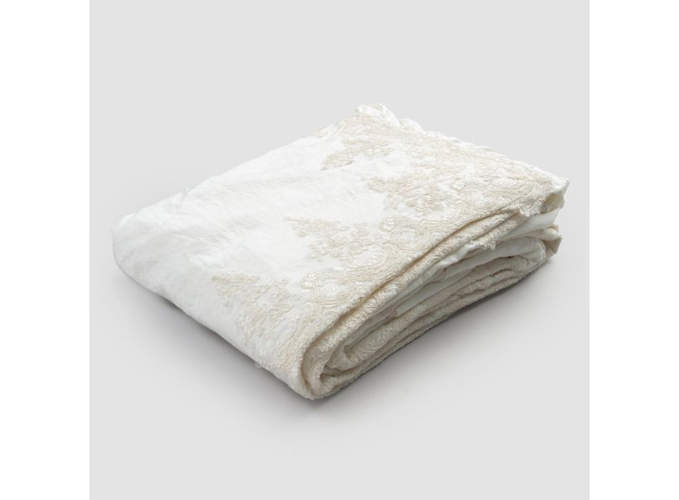 Double Bedspread in Linen with Lace on the Flounced Edges - Paucis Viadurini