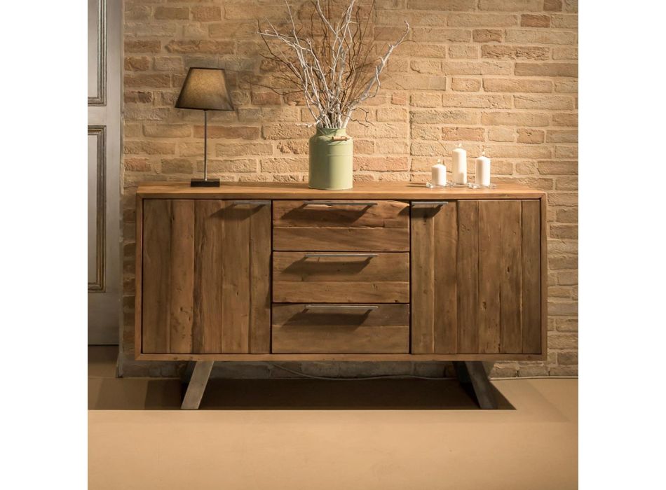Sideboard with 2 Doors and 3 Drawers in Recycled Tropical Wood - Slide Viadurini