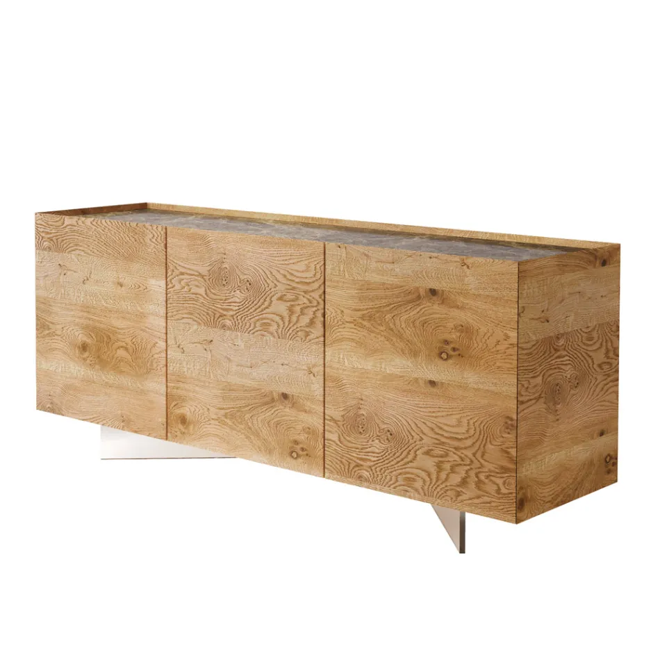 Wooden Sideboard with 3 Doors with Tempered Crystal Base Made in Italy - Soraya Viadurini