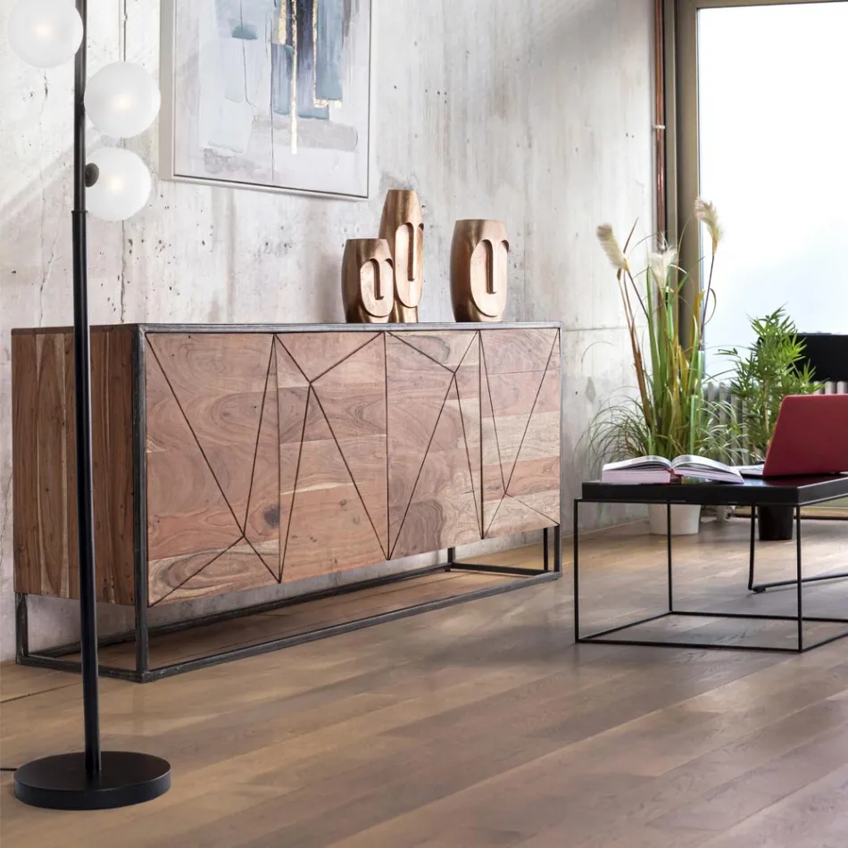Sideboard in Acacia Wood and Steel 3 or 4 Doors Homemotion - Cristoforo Viadurini