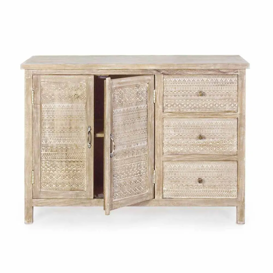 Sideboard in Mango Wood with Hand Inlaid Decorations - Zotto Viadurini