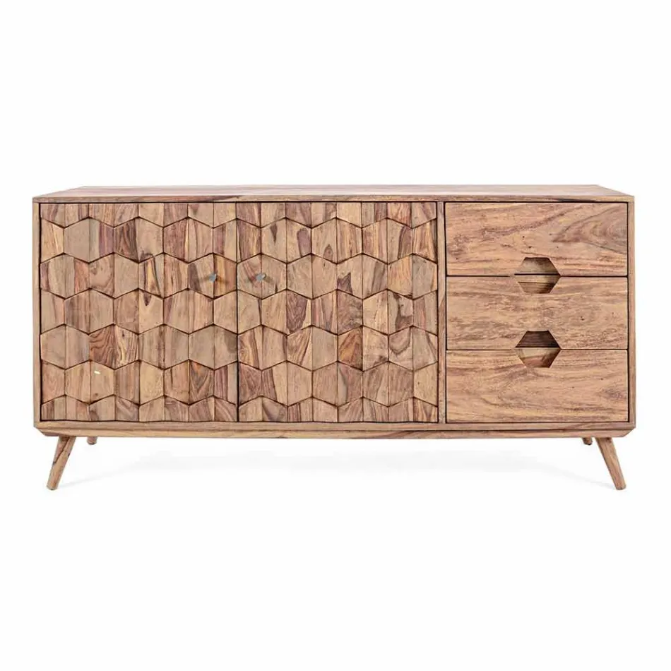 Sideboard in Natural Finish Wood with Doors and Drawers Homemotion - Ventador Viadurini