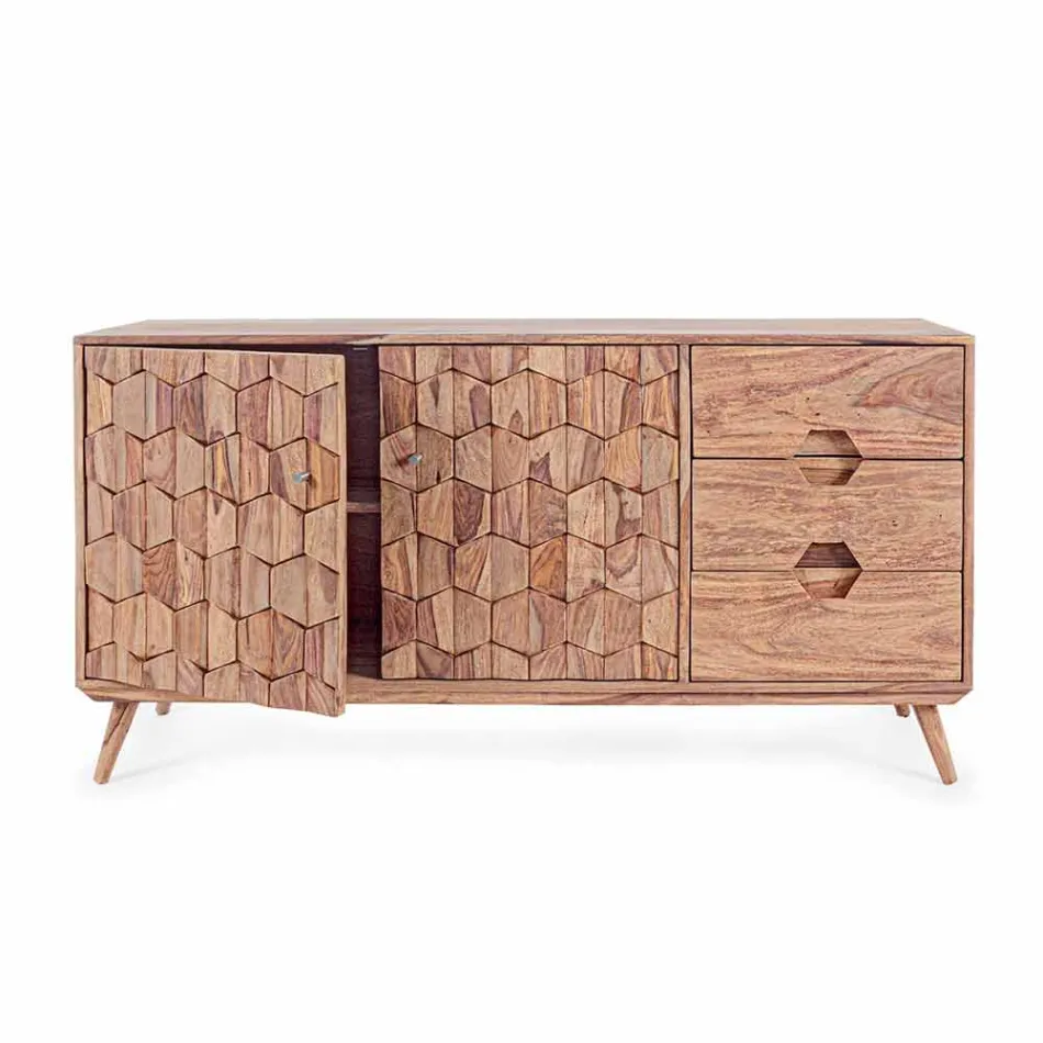 Sideboard in Natural Finish Wood with Doors and Drawers Homemotion - Ventador Viadurini