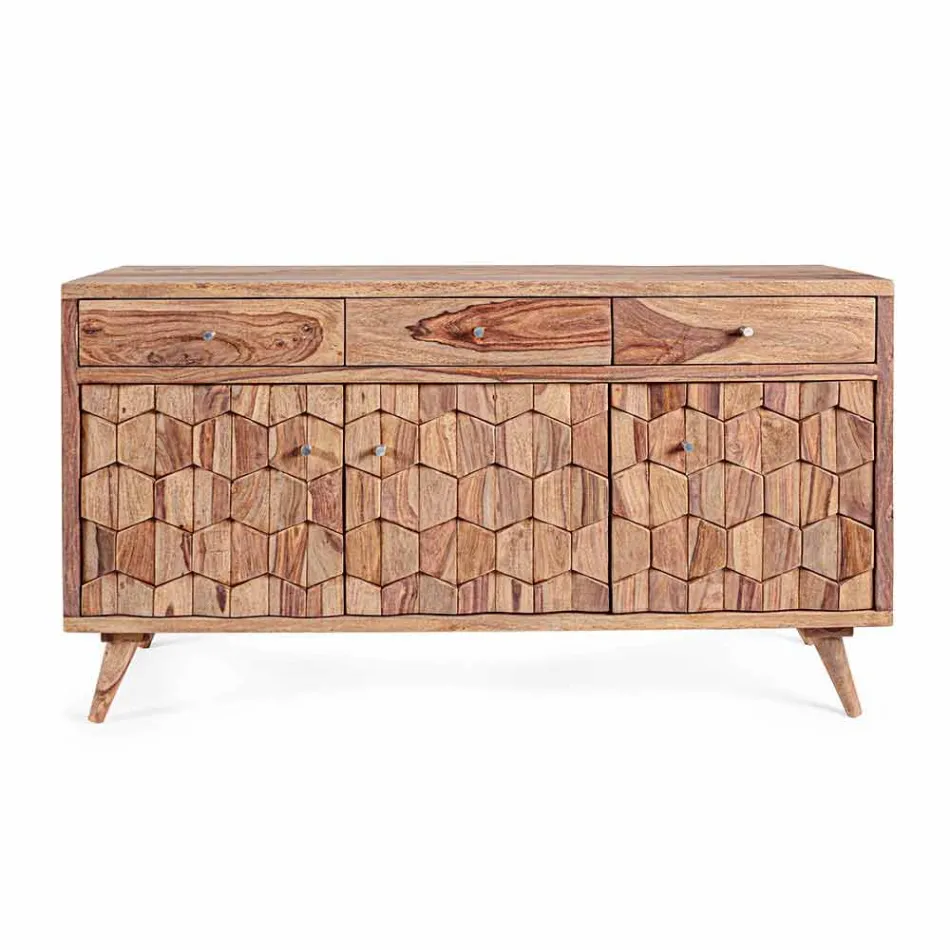 Sideboard in Natural Finish Wood with Doors and Drawers Homemotion - Ventador Viadurini