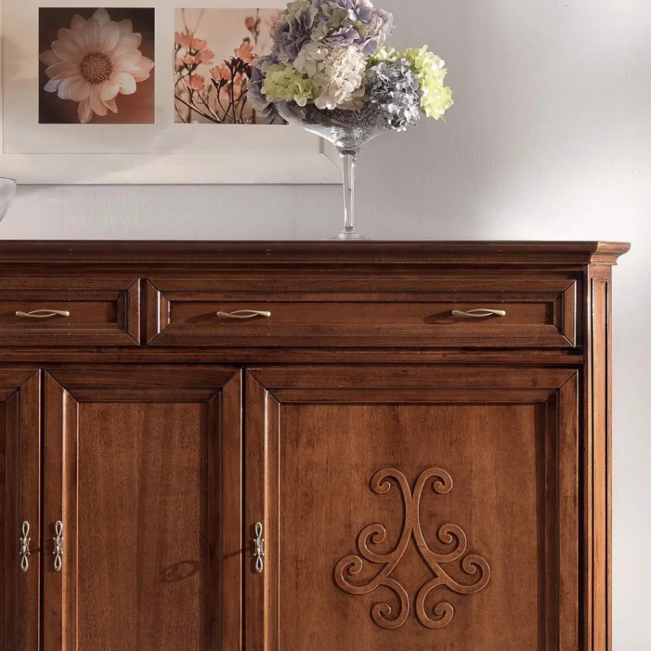 Sideboard in Patinated Walnut Finish Wood with Lily Decoration Made in Italy - Cherry Viadurini