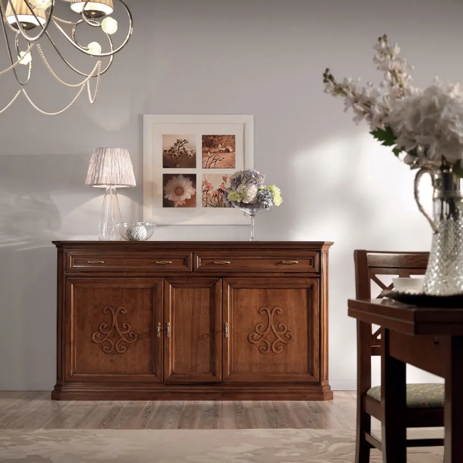Sideboard in Patinated Walnut Finish Wood with Lily Decoration Made in Italy - Cherry Viadurini