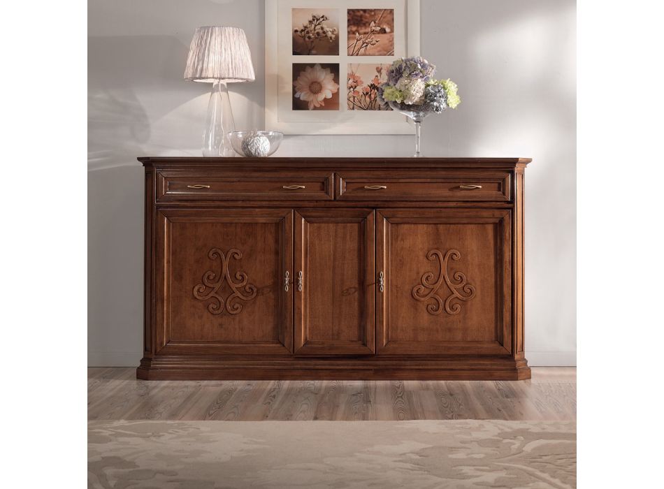 Sideboard in Patinated Walnut Finish Wood with Lily Decoration Made in Italy - Cherry Viadurini