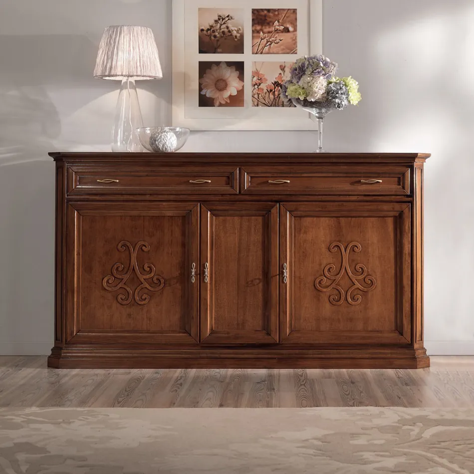 Sideboard in Patinated Walnut Finish Wood with Lily Decoration Made in Italy - Cherry Viadurini