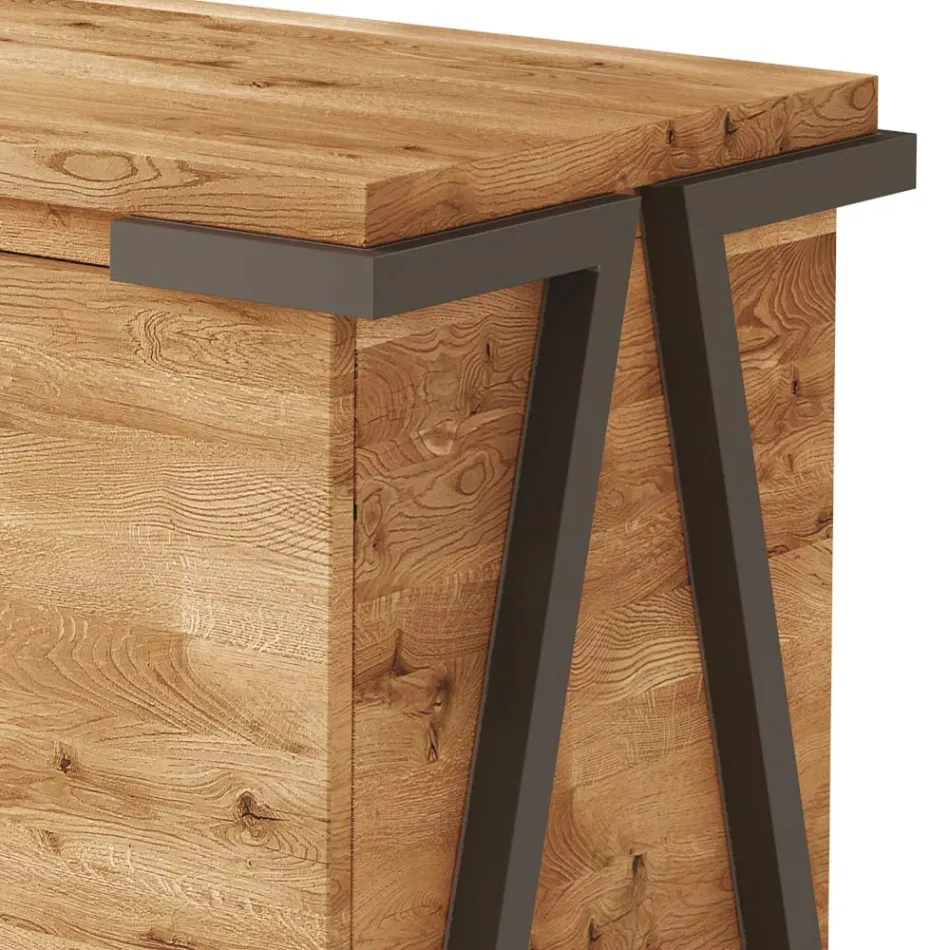 Sideboard in Oak Wood and Metal with 2 Doors and Open Compartment Made in Italy - Jennifer Viadurini