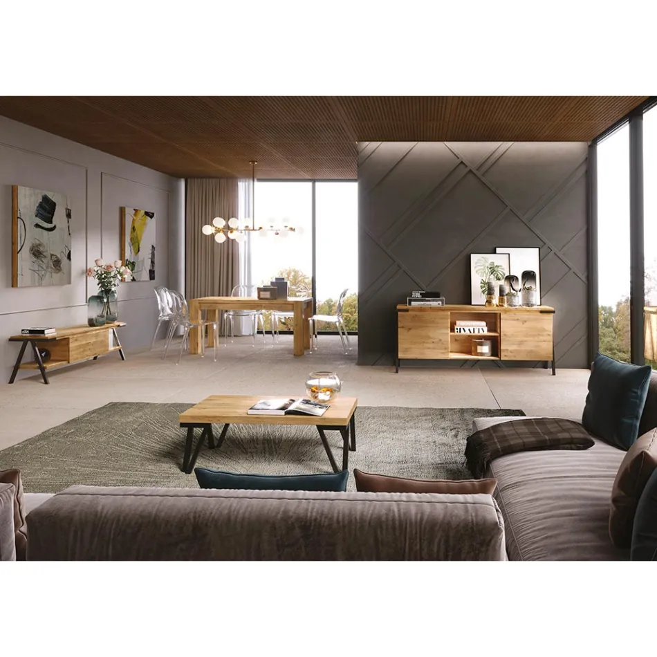 Sideboard in Oak Wood and Metal with 2 Doors and Open Compartment Made in Italy - Jennifer Viadurini