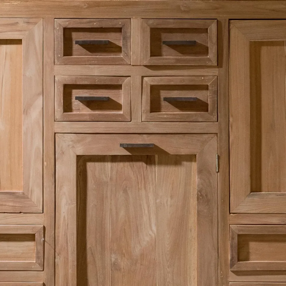 Solid Teak Sideboard with 3 Doors and 8 Drawers - Quan Viadurini