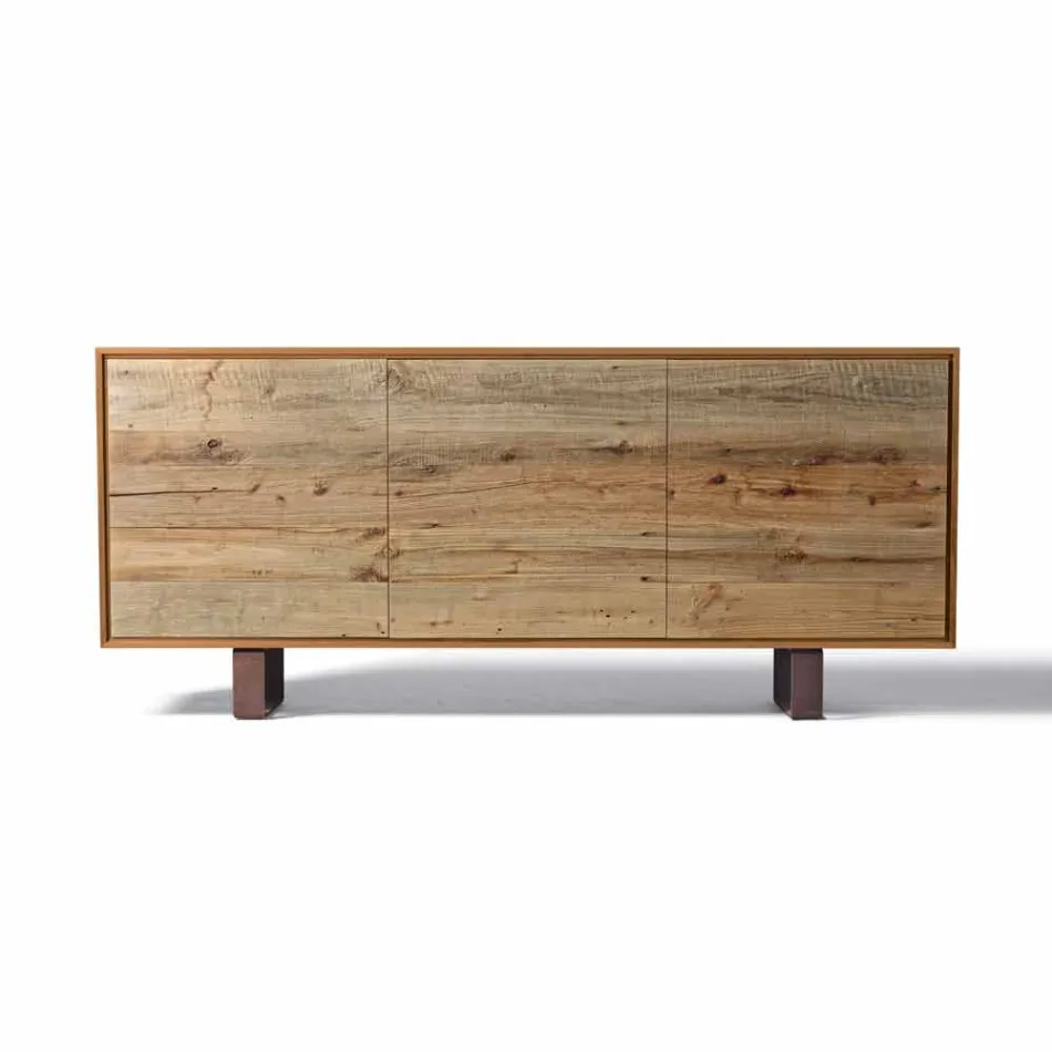 Modern sideboard with 3 doors in natural walnut, W 215 x D 50 cm, Flora Viadurini