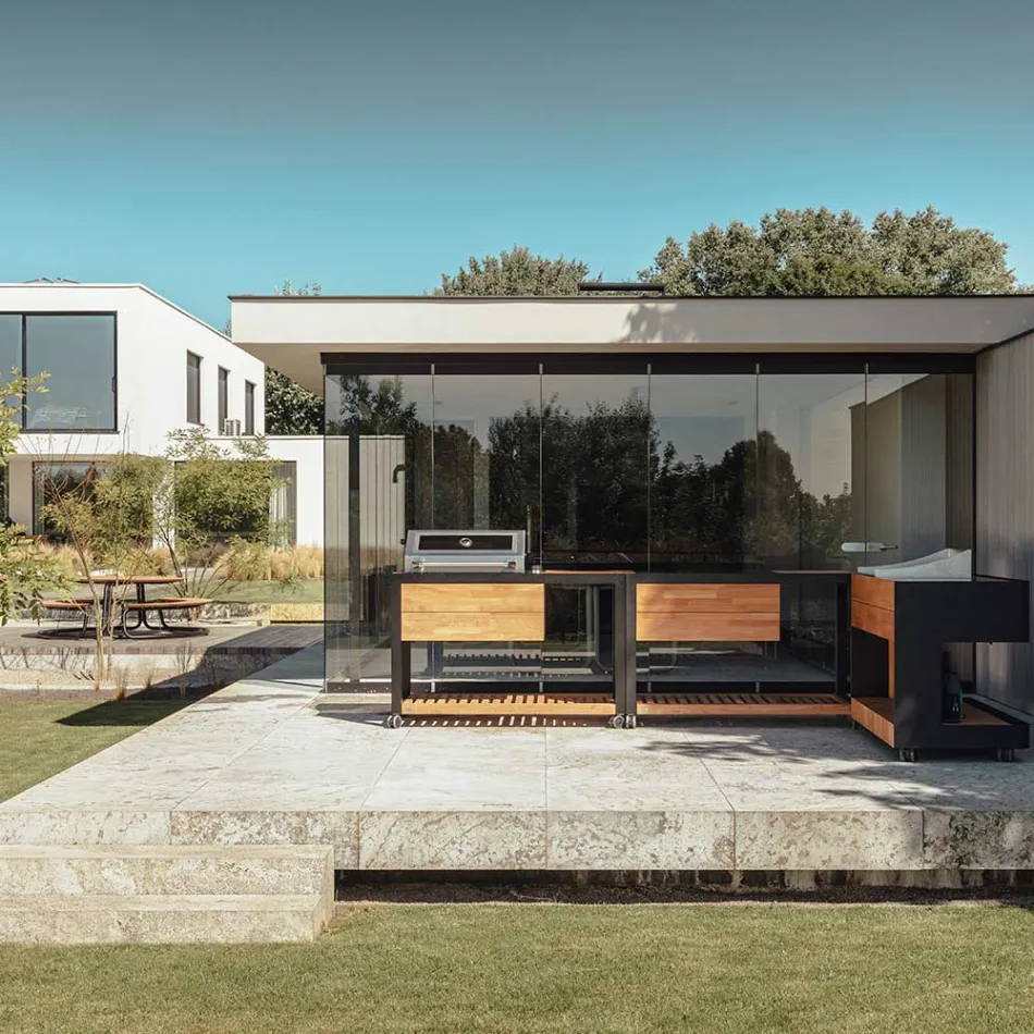 Outdoor Kitchen 140x65x93 cm Made of Solid Teak and Aluminum - Convivial Viadurini