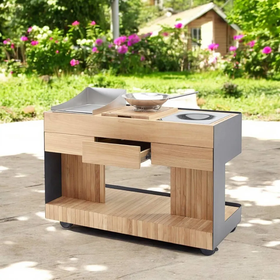 Outdoor Kitchen 141x70x93 cm Made of Solid Teak and Aluminum - Stilosa Viadurini