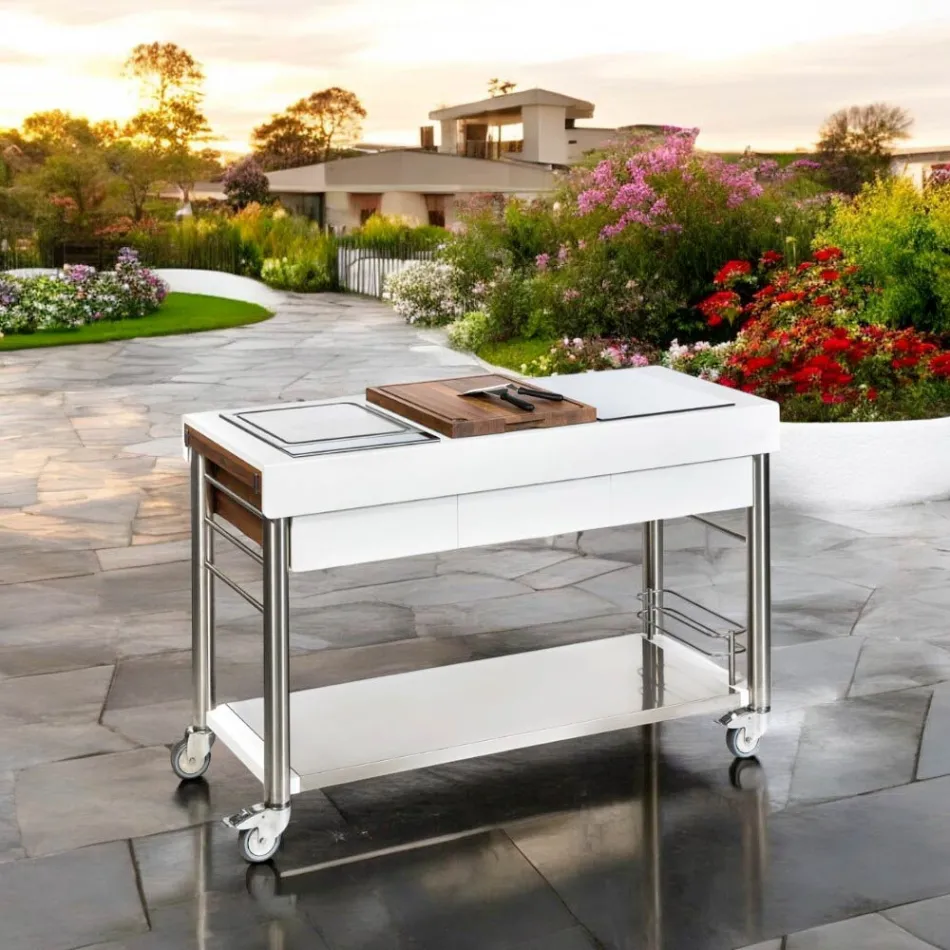 Outdoor Kitchen on Wheels of Design, High Quality in Wood and Steel - Calliope Viadurini