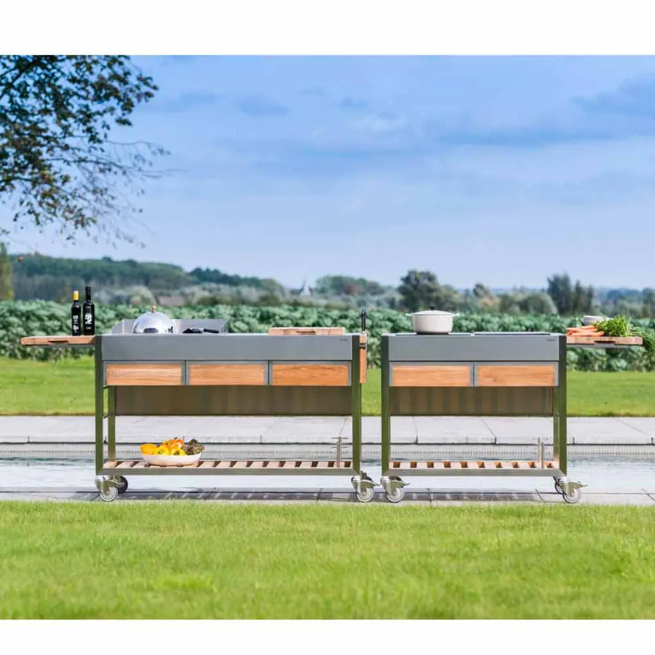 Modern Outdoor Garden Kitchen on Wood and Steel Wheels - Buoncalliope Viadurini
