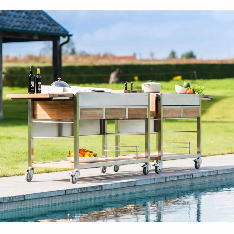Modern Outdoor Garden Kitchen on Wood and Steel Wheels - Buoncalliope Viadurini