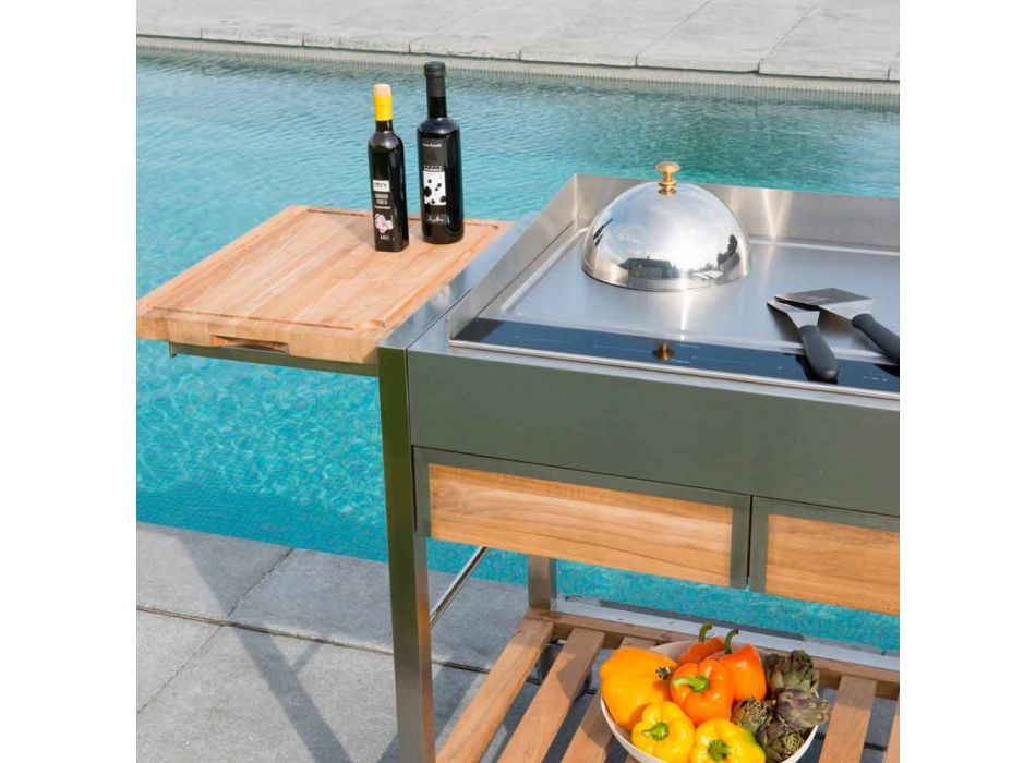 Modern Outdoor Garden Kitchen on Wood and Steel Wheels - Buoncalliope Viadurini