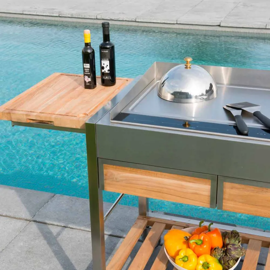 Modern Outdoor Garden Kitchen on Wood and Steel Wheels - Buoncalliope Viadurini