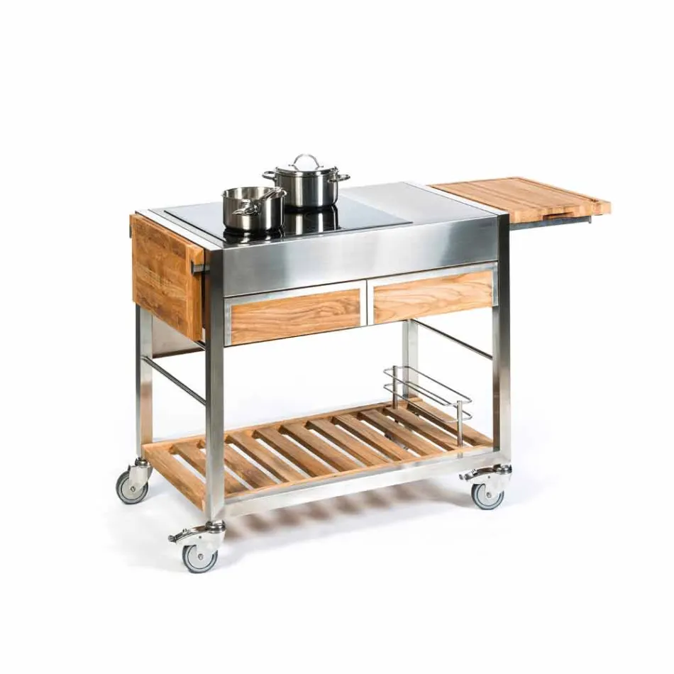 Modern Outdoor Garden Kitchen on Wood and Steel Wheels - Buoncalliope Viadurini