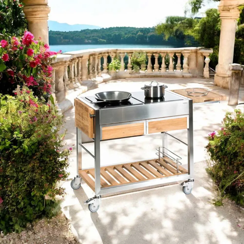 Modern Garden Kitchen on Wood and Steel Wheels, Design - Buoncalliope Viadurini