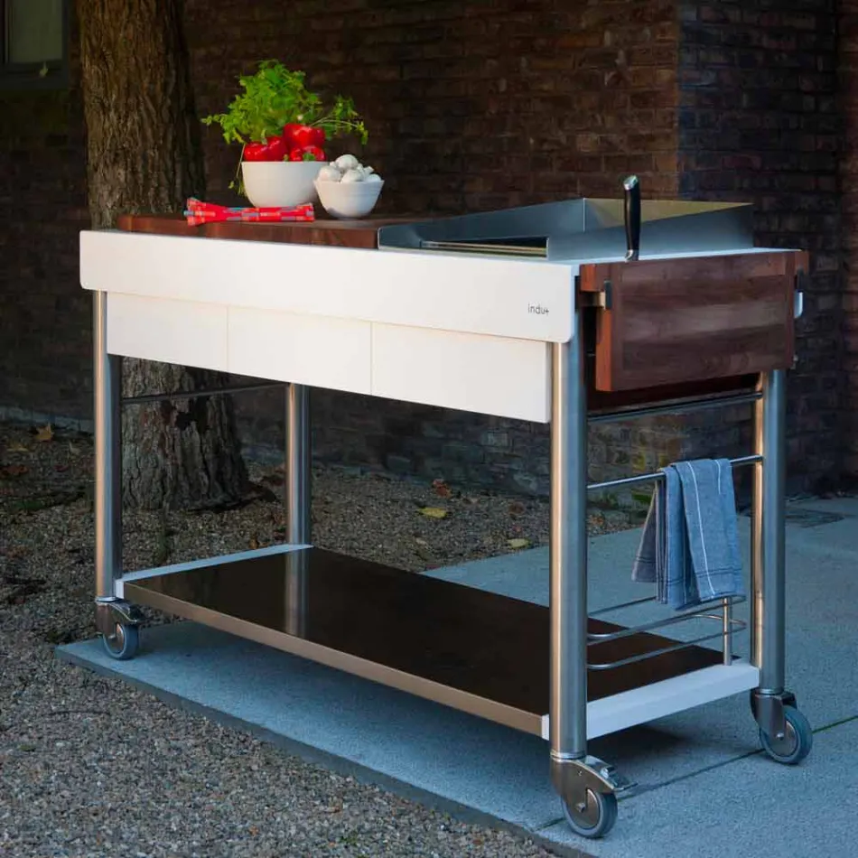 Modern Kitchen on Wheels for Outdoor Garden in Wood and Steel - Calliope Viadurini