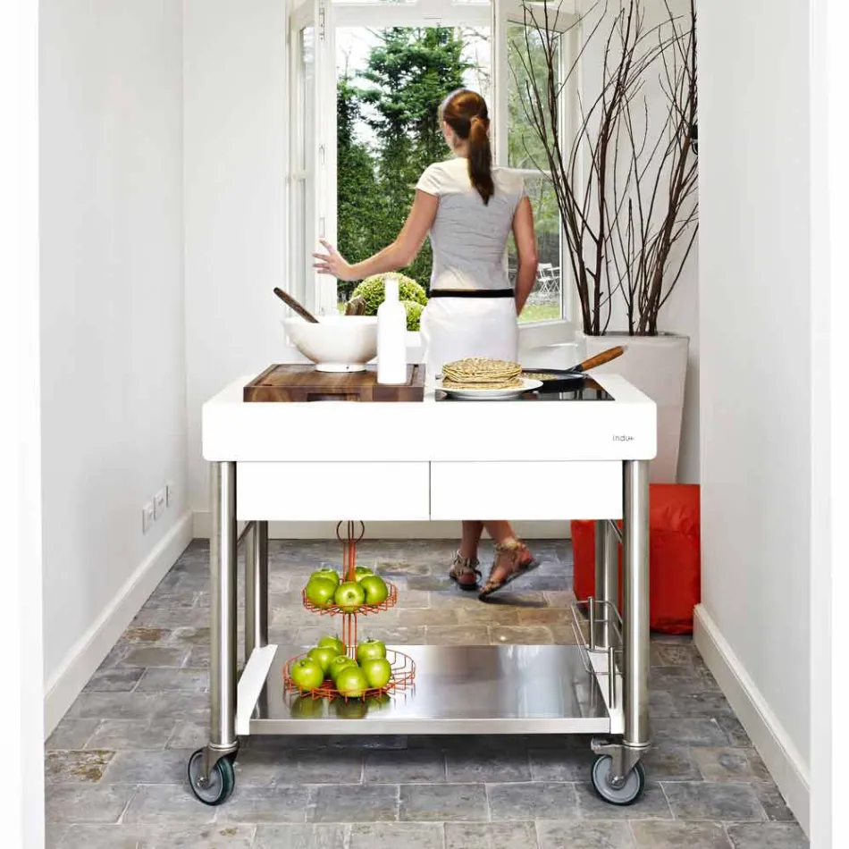 Modern Kitchen on Wheels for Outdoor Garden in Wood and Steel - Calliope Viadurini