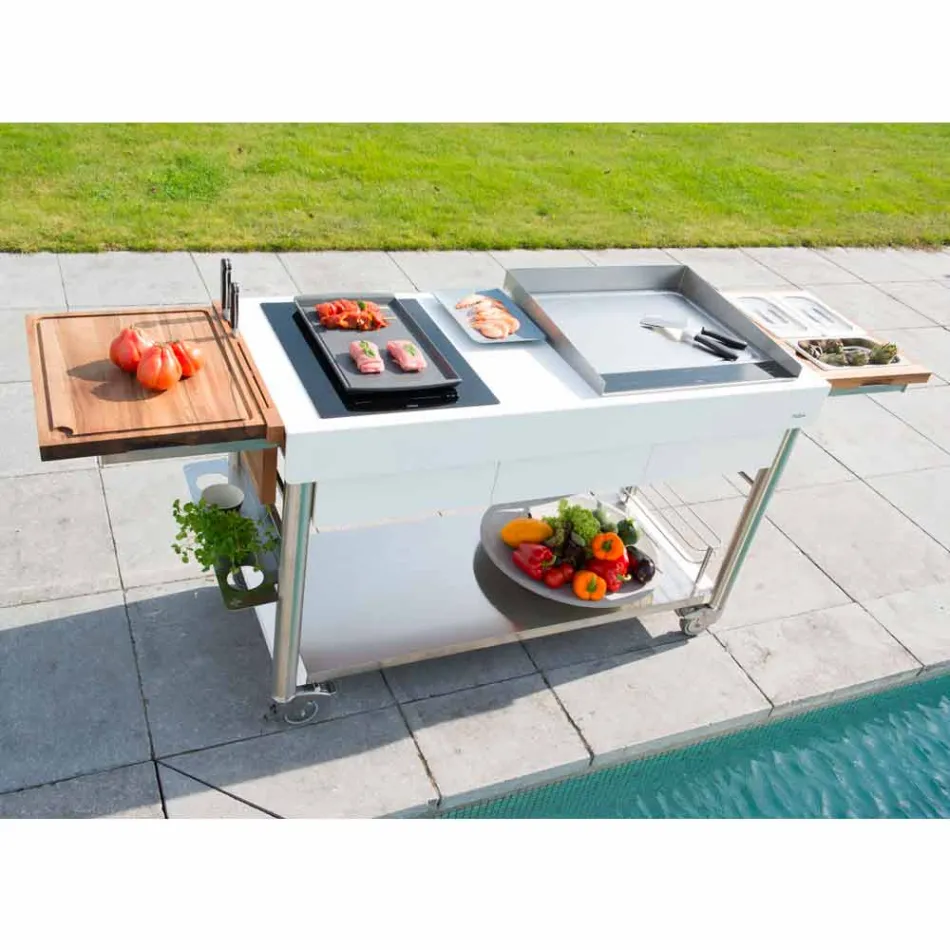 Modern Kitchen on Wheels for Outdoor Garden in Wood and Steel - Calliope Viadurini
