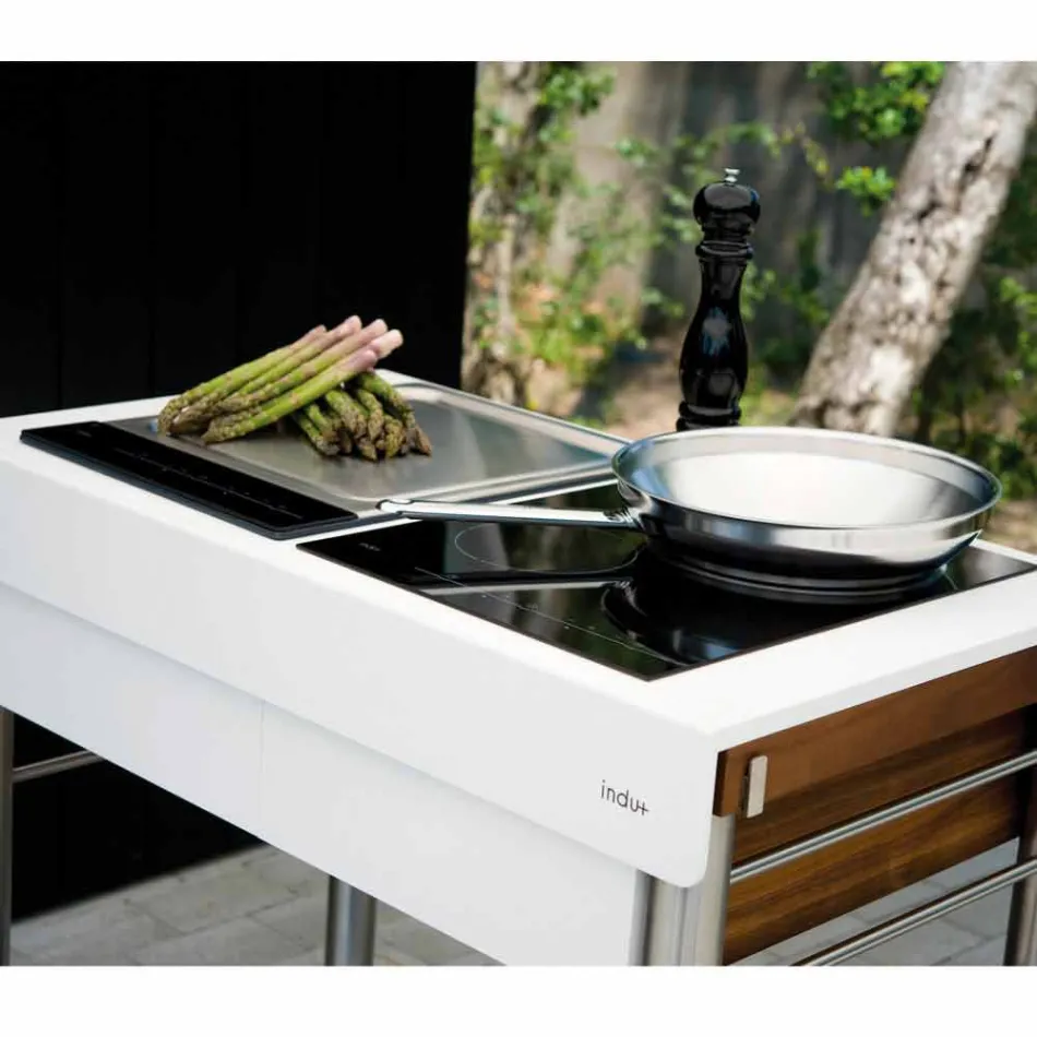 Modern Kitchen on Wheels for Outdoor Garden in Wood and Steel - Calliope Viadurini