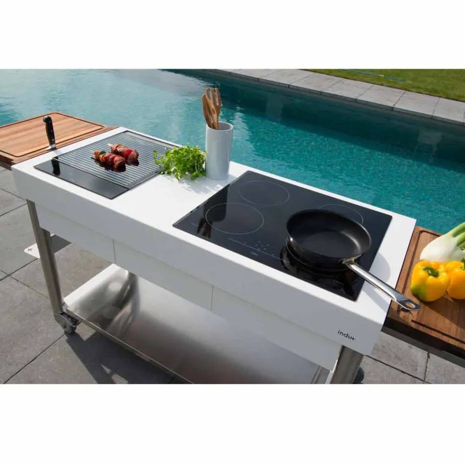 Modern Kitchen on Wheels for Outdoor Garden in Wood and Steel - Calliope Viadurini