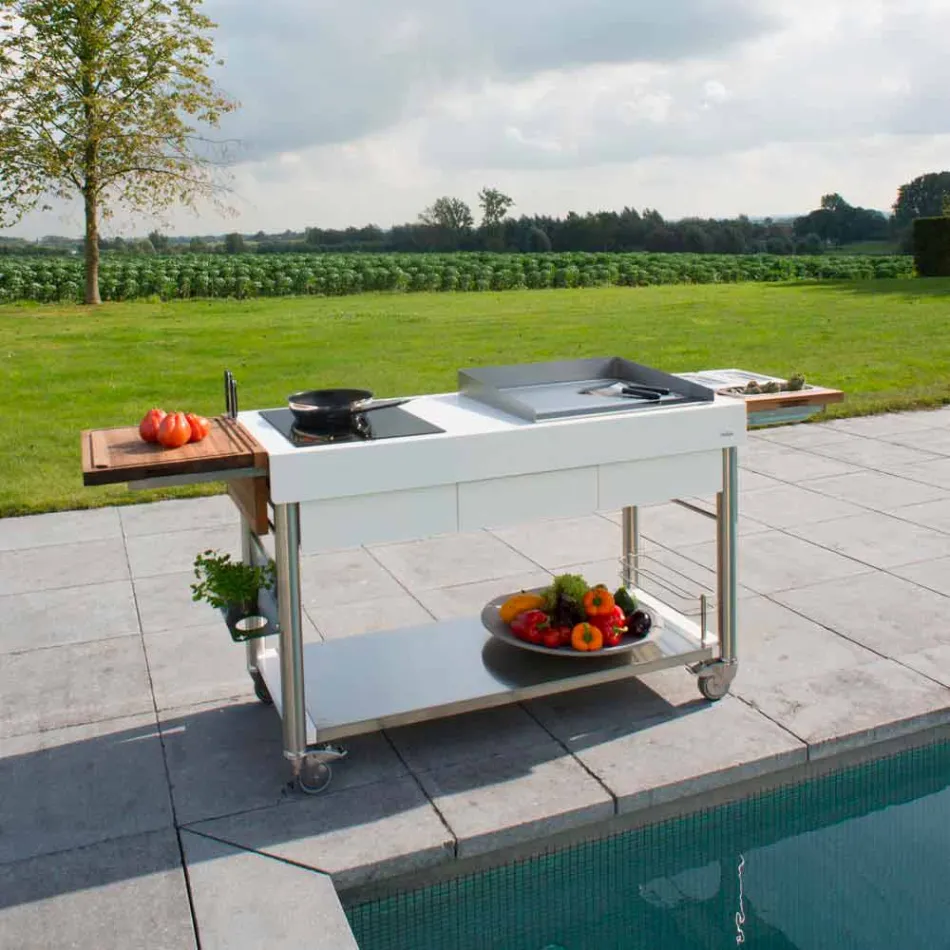 Modern Kitchen on Wheels for Outdoor Garden in Wood and Steel - Calliope Viadurini