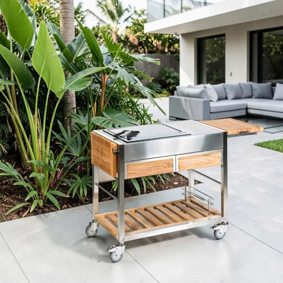 Outdoor Kitchen on Wheels in Steel and Wood with Teppanyaki - Buoncalliope Viadurini