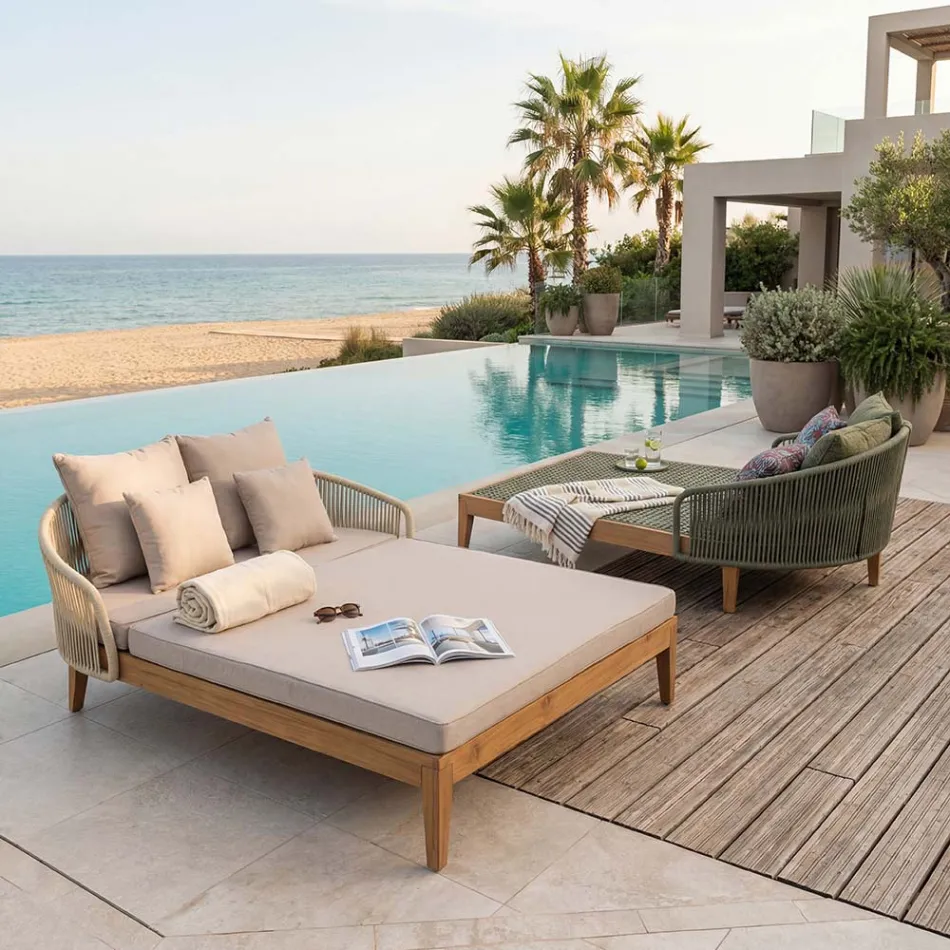 Teak, Aluminum, Rope, and Cushion Garden Daybed - Jacub Viadurini